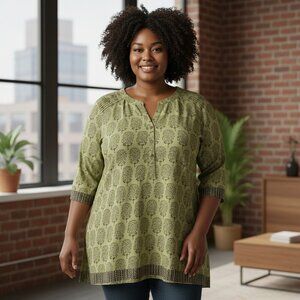 Mantra Boho Tunic Top Women’s Medium Green Block Print 3/4 Sleeve